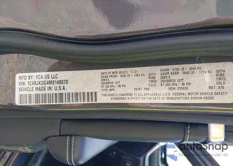 2021 Jeep Grand Cherokee L Overland 4X4 из США, поврежденный, VIN 1C4RJKDG4M8148070